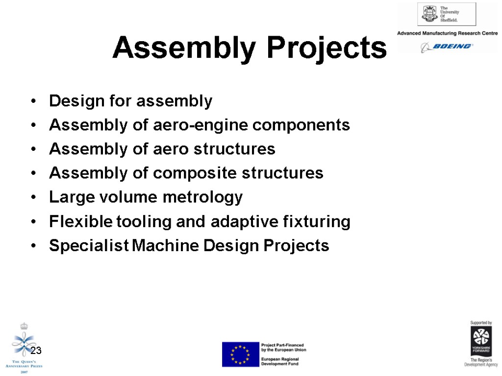 23 Assembly Projects Design for assembly Assembly of aero-engine components Assembly of aero structures